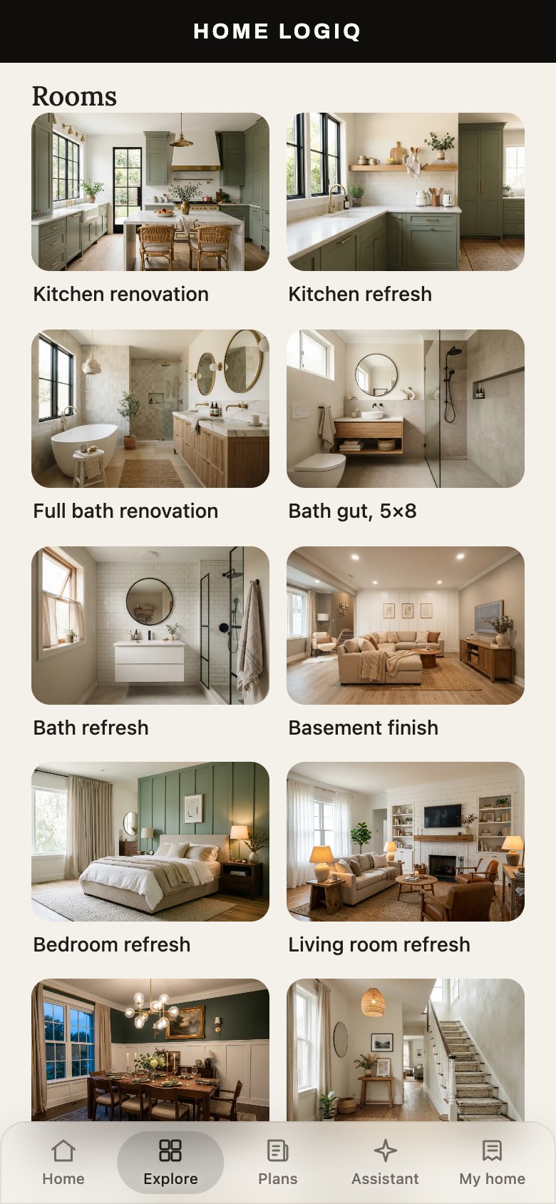 Home LogiQ project catalog with kitchen, bath and other renovation categories