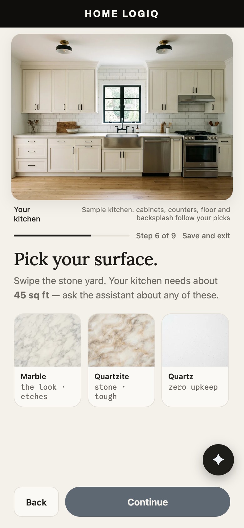 Home LogiQ countertop choices including marble, quartzite and quartz